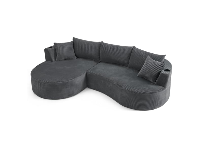  Canapé 3 places avec méridienne gauche et porte-gobelets  - design incurvé, coussins, velours côtelé gris  - Conforama A