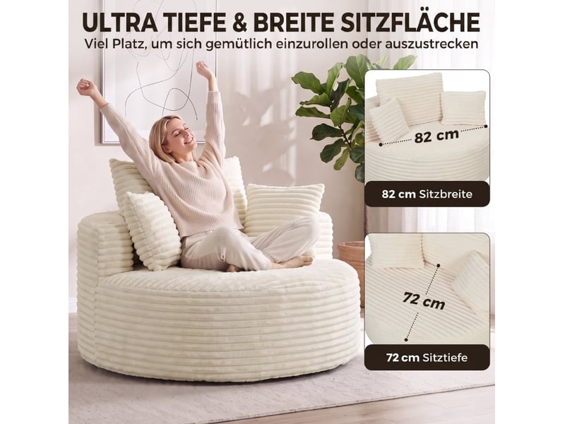  Fauteuil profond 130x130x82 cm sans armature mousse velours côtelé crème  - Conforama D
