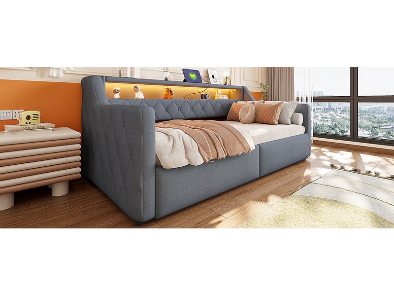 Lit de jour 90x200 cm, mdf, gris, équipé de ports usb et usb-c, de rangement hydraulique et de bande led, sans matelas - Conforama D