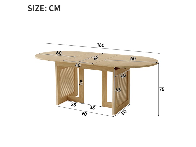  Table de salle à manger extensible 6 à 8 personnes, plateau arrondi, pieds en rotin, mdf chêne clair 120160 × 80 cm  - Conforama C