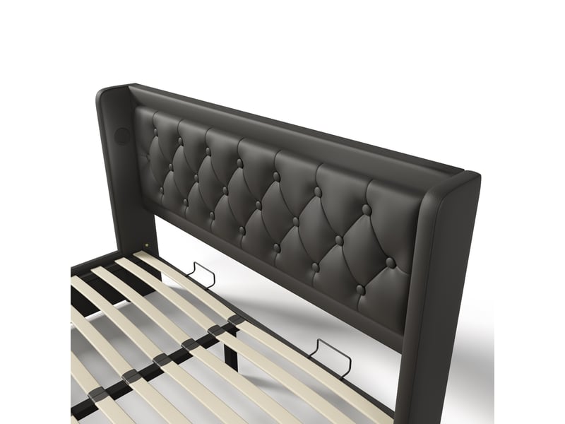  Lit coffre double 140x200 noir avec rangement, tête capitonnée, éclairage led et ports usb – sans matelas  - Conforama E