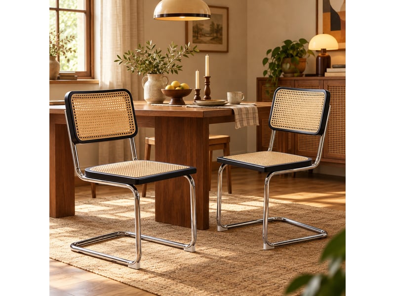 Lot de 2 chaises de salle à manger noires et bois, dossier en rotin, piètement chromé, style cantilever  - Conforama B