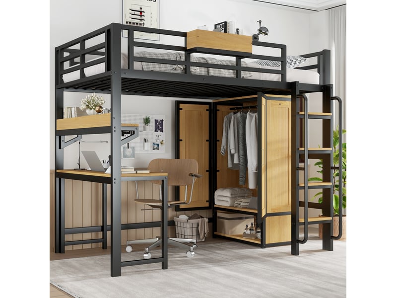Lit mezzanine enfant 90x200 cm noir et naturel avec bureau et armoire - Conforama E
