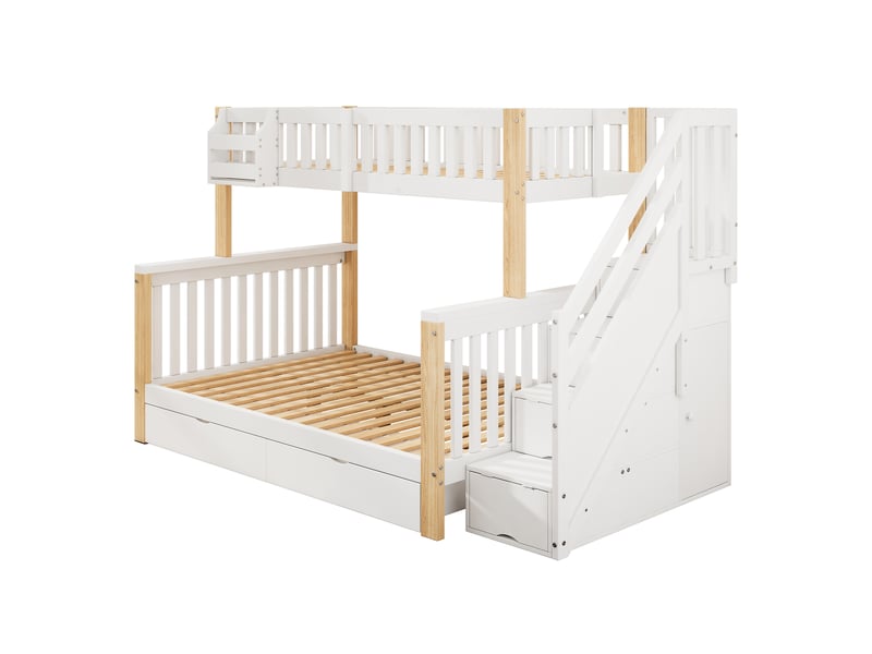  Lit superposé enfant 90x200 cm avec escalier et tiroirs, mdf, blanc et bois naturel – sans matelas  - Conforama D