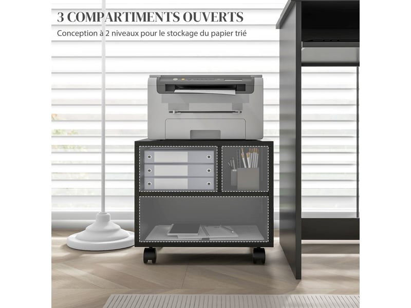  Support d'imprimante meuble de rangement bureau caisson 3 compartiments ouverts 40 x 30 x 36 cm noir  - Conforama E