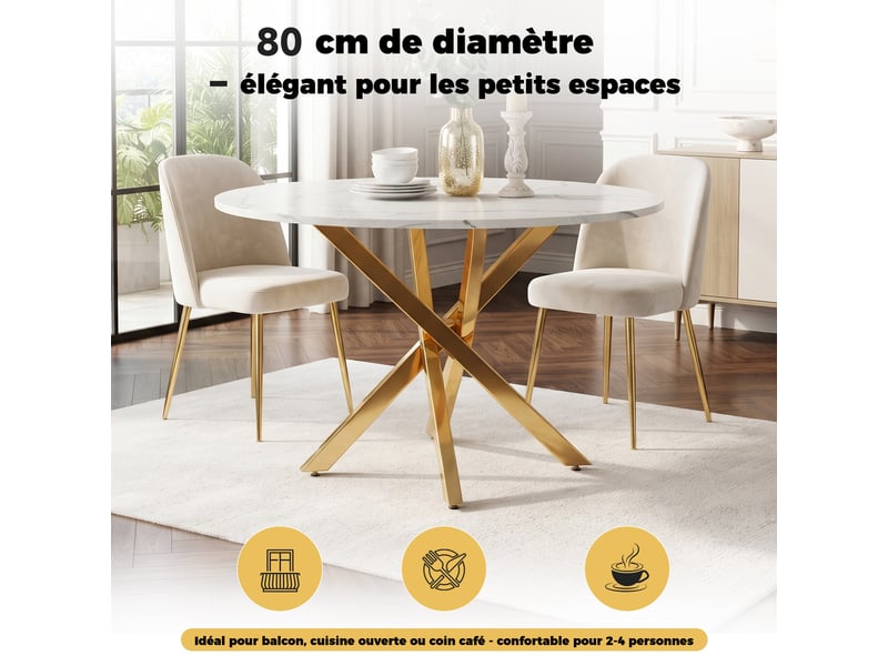  Table à manger ronde 80 x 80 x 75 cm, plateau effet marbre blanc, pieds dorés Jamama eleni - Conforama E