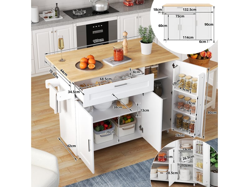  Desserte cuisine chêne 132,5 cm – plateau pliant, rangements, roulettes – meuble mobile, déstockage  - Conforama C