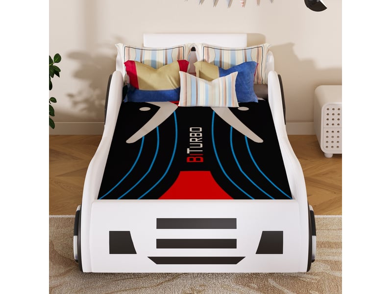  Lit voiture enfant 90x200 cm, sommier à lattes, coffre hydraulique, mdf et pu, blanc, sans matelas  - Conforama D