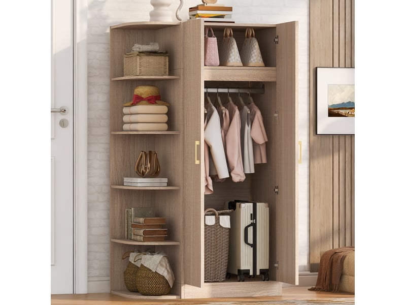 Armoire 2 portes avec penderie, étagères et tiroirs de rangement pour chambre en mdf bois clair 90 × 55 × 170 cm - Conforama B