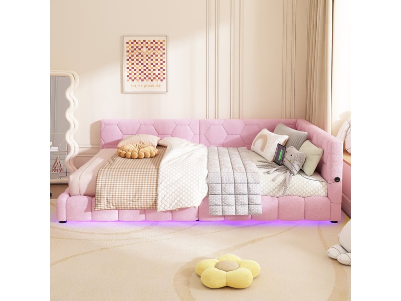  Canapé lit rose lit de jour 140x200 avec led 16 couleurs et ports usb  - Conforama B