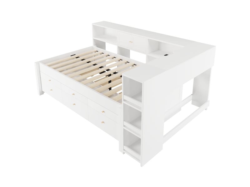  Lit enfant 2 places 90 x 200 cm avec lit gigogne 90 x 190 cm, 3 tiroirs de rangement, étagères latérales et port usb, en bois blanc  - Conforama D
