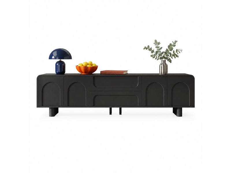  Meuble tv noir en mdf et panneaux de particules avec 4 portes et 2 tiroirs - 180 x 40 x 46 cm  - Conforama A
