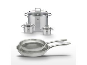 Lot de 2 poêles 2428cm et 3 faitouts elo relief passion