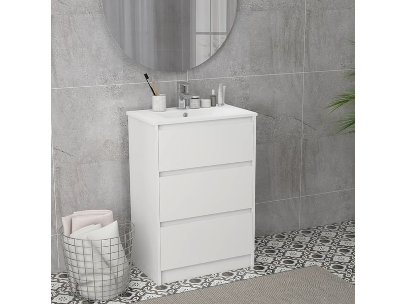  Meuble vasque de salle de bain avec lavabo, meuble de salle de bain, lavabo en céramique synthétique avec 2 tiroirs, 61 x 37 x 88 cm, blanc brillant  - Conforama D