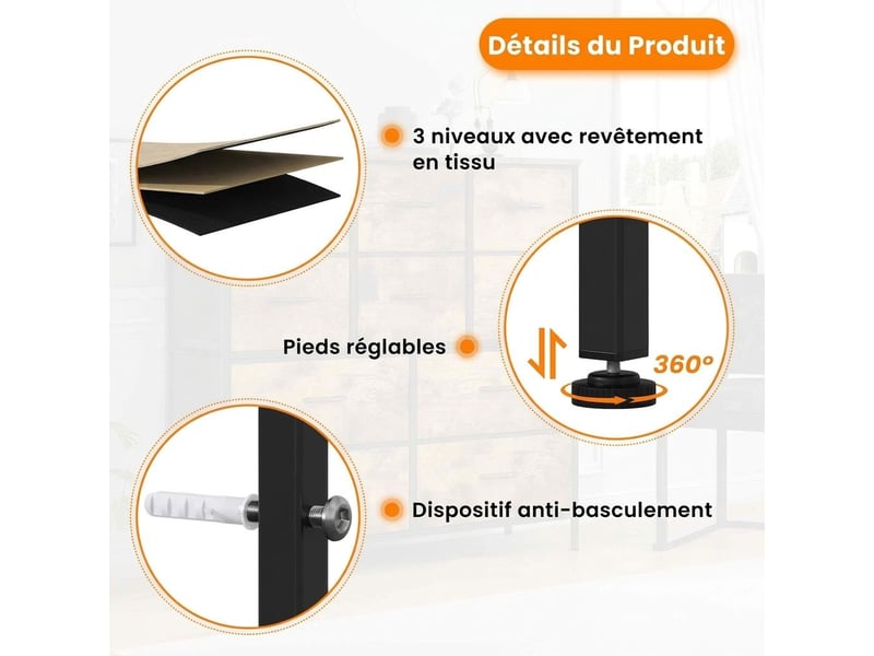  Chiffonnier meuble 100x30x97 cm dix tiroirs tissu marron rustique et metal noir chambre  - Conforama C