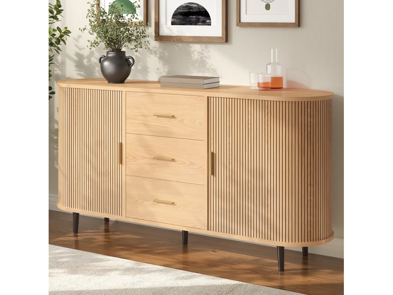 Buffet 160 cm en mdf coloris naturel avec 3 tiroirs et portes coulissantes - Conforama B