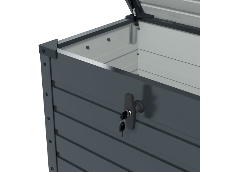 Coffre de rangement extérieur 295 l à structure en acier galvanisé gris, à roulettes et verrouillable - Conforama D