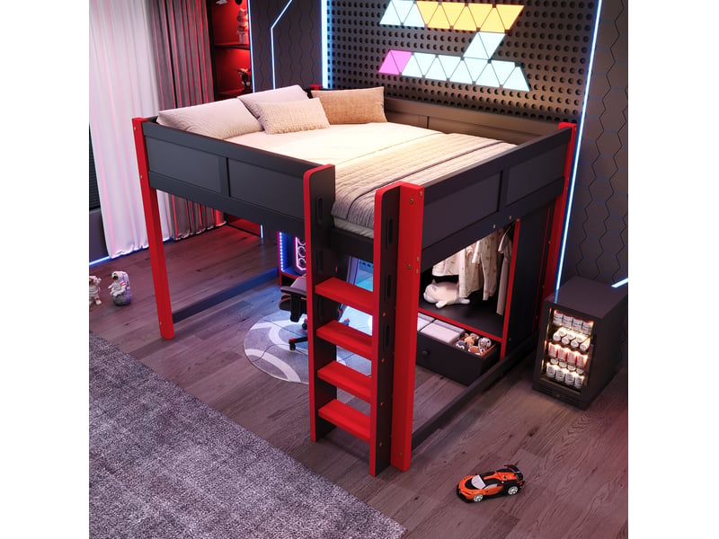  Lit mezzanine 140x200 cm avec bureau, rangements et led,coloris noir et rouge  - Conforama E