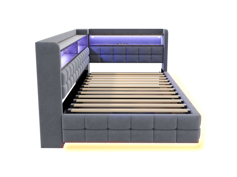  Lit banquette 90 x 200 cm gris clair en velours, coffre hydraulique, led et prises de charge intégrées  - Conforama D