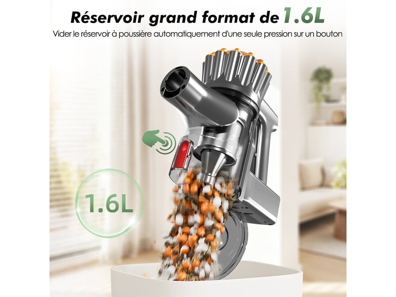  Aspirateur balai auto-portant puissant sans fil42kpa, 60 min d'autonomie, 2 vitesses, 6 en 1, capacité 1,6l, lumière verte  - Conforama W