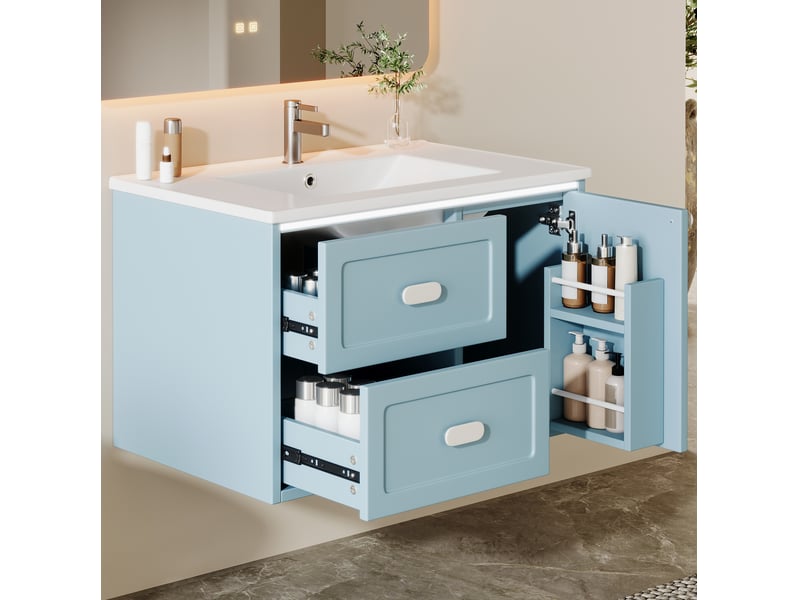  Meuble vasque suspendu 76x46x51 cm avec led à capteur radar, meuble de salle de bain, 2 tiroirs et 1 porte, mdf, bleu  - Conforama E