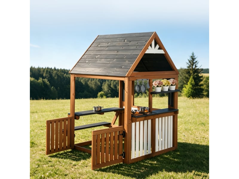  Cuisine enfant extérieure en bois, cabane de jeu avec accessoires, horloge, pots de fleurs, clôture ouvrante et espace cuisine pour enfants dès 3 ans  - Conforama B