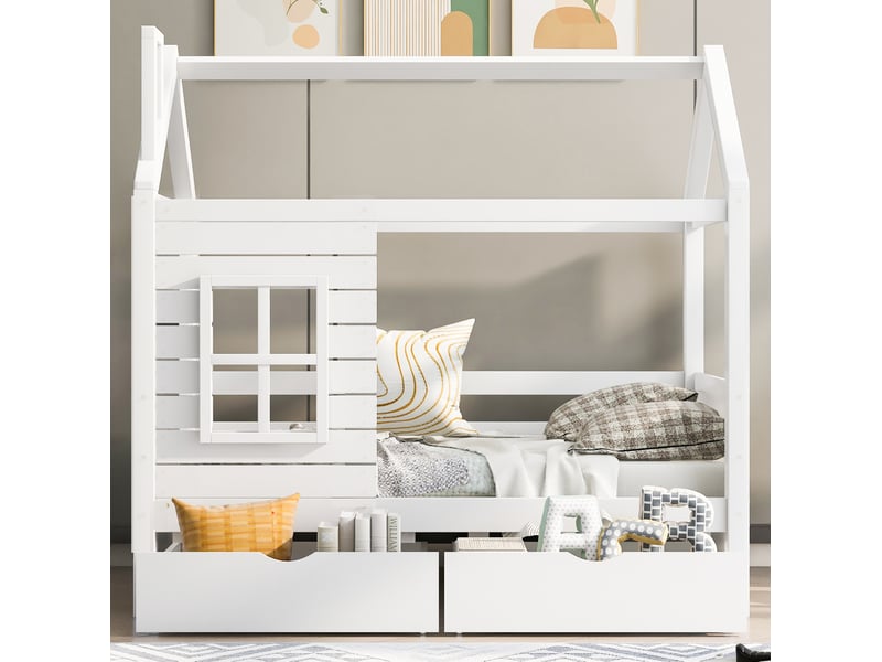  Lit cabane enfant 80x160 cm avec barrières et 2 tiroirs, pin massif blanc  - Conforama D