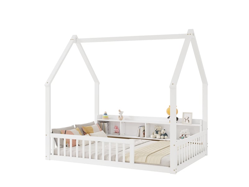  Lit cabane enfant 140x200 cm blanc avec barrières et 4 niches de rangement  - Conforama A