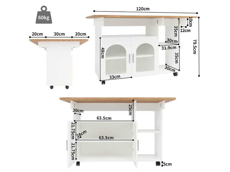  [déstockage] îlot de cuisine blanc 120x30x79.5 cm meuble rangement multifonction  - Conforama C
