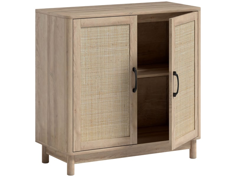  Buffet salon, meuble de rangement avec 2 portes en rotin, étagère réglable et bords arrondis, chêne, 76 x 35 x 75,5 cm  - Conforama B