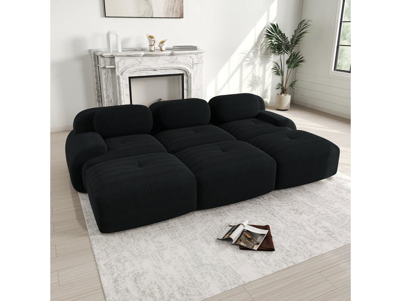  Canapé modulable 3 places avec 3 poufs en velours côtelé noir  - Conforama B