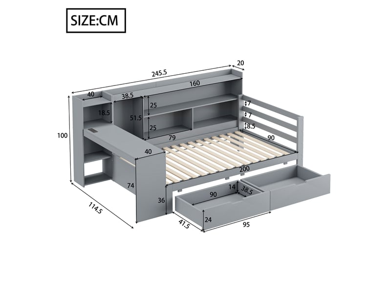 Lit multifonction 90x200 cm avec bureau, rangements et prise, pin gris, sans matelas - Conforama C