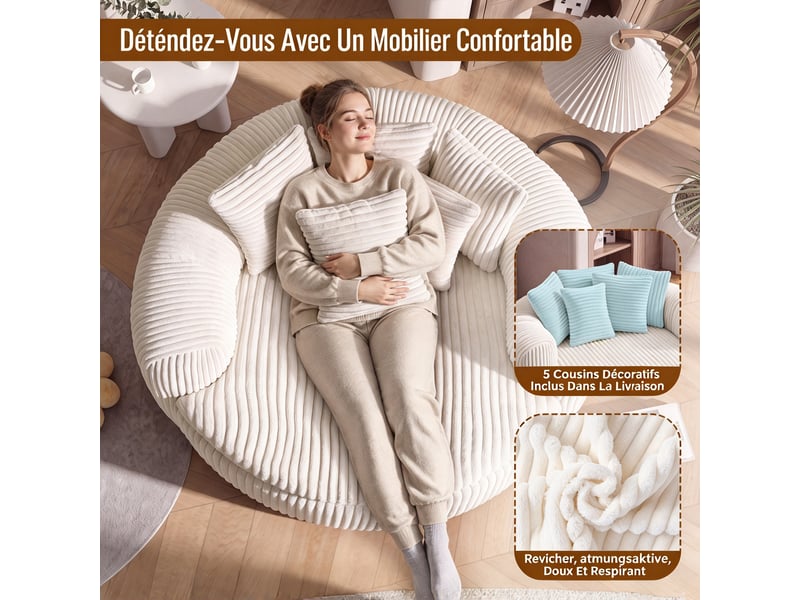  Fauteuil lounge 1 place 145 x 133 x 59 cm en velours côtelé beige, avec assise profonde, accoudoirs et 5 coussins DJ-W3463P5032758-ZMS - Conforama E