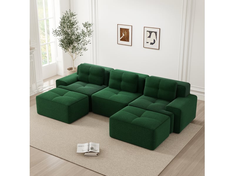 Canapé modulable en u ulevr 3 places avec ottomans, velours côtelé vert, 293 x 177 x 69 cm, sans montage - Conforama D