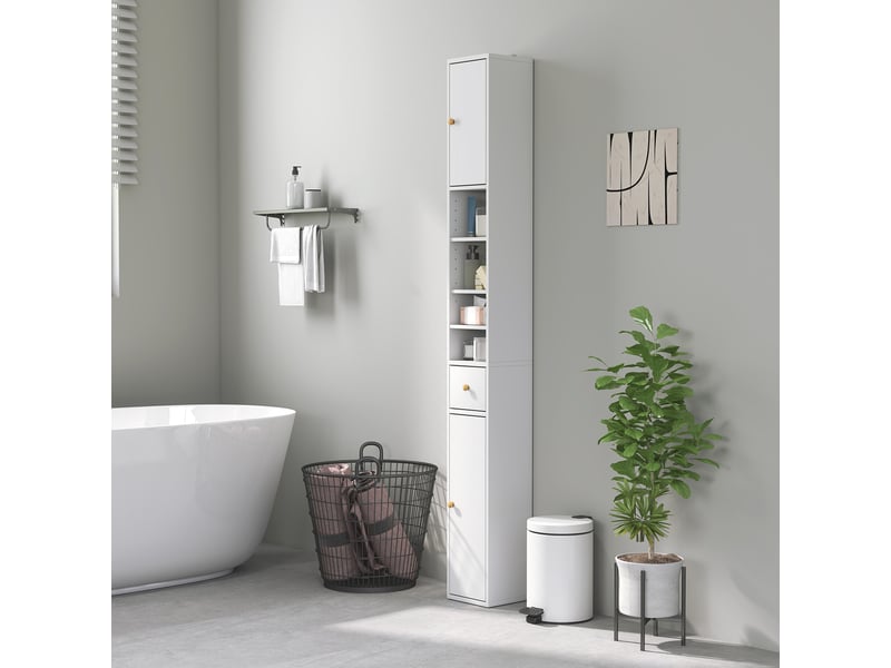  Meuble de salle de bains haut et étroit, avec compartiments ouverts et fermés, blanc  - Conforama C