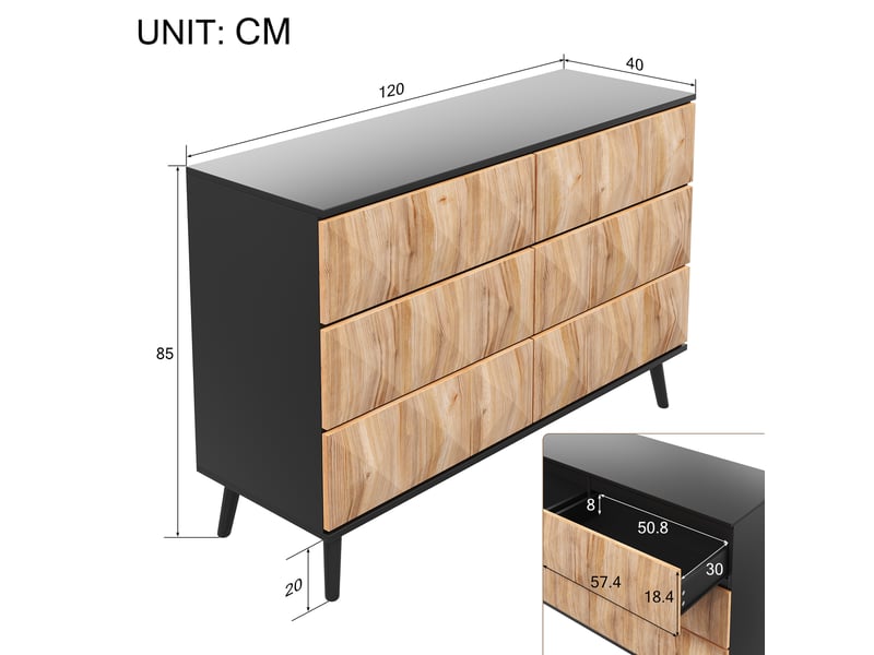  Buffet noir et bois naturel 120x40x85 cm - meuble de rangement moderne avec 6 tiroirs intégrés  - Conforama C