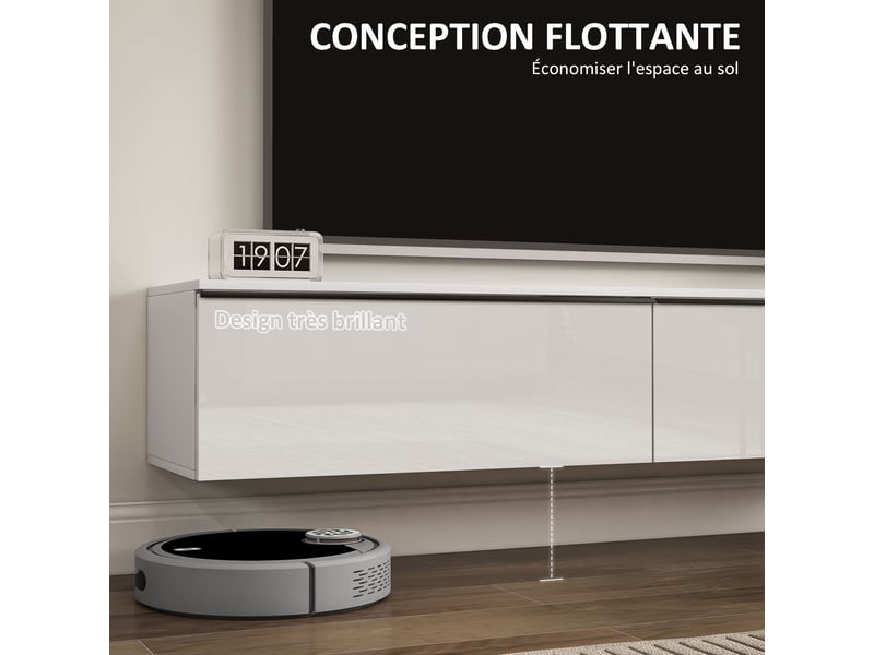  Meuble tv suspendu avec placard, pour téléviseurs jusqu'à 70 pouces, blanc, effet brillant  - Conforama D