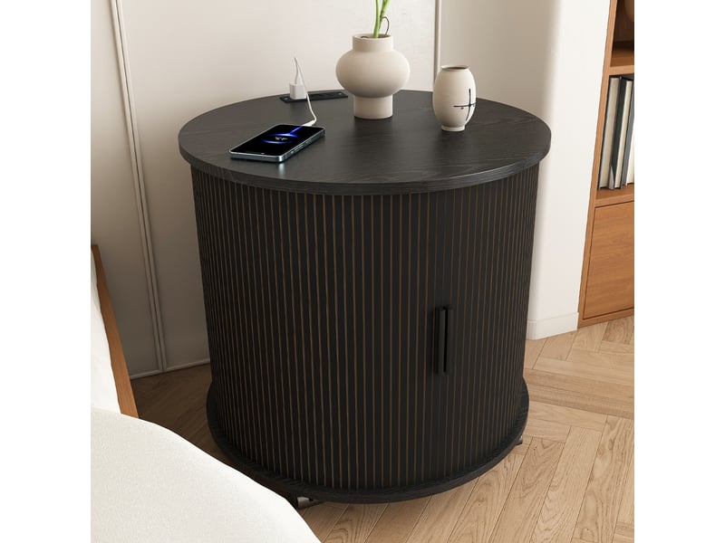  Table de chevet modèle cylinder 60 cm, noir, station de charge usb, prise, porte inclinée, roulettes  - Conforama B