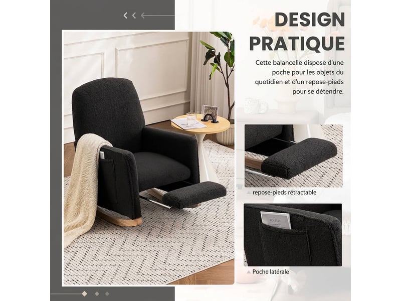  Fauteuil à bascule avec repose-pieds tissu peluche gris foncé dossier haut salon  - Conforama D