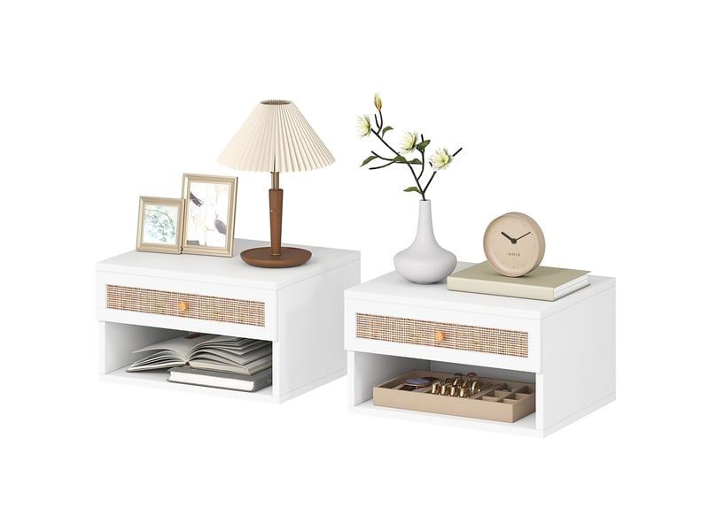  Table de chevet suspendue avec tiroir en rotin et étagère ouverte pour chambre à coucher 40x34x23cm blanc  - Conforama B