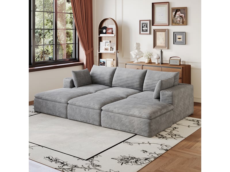  Canapé modulable 6 places en velours côtelé gris, avec coussins déhoussables, sans montage  - Conforama B