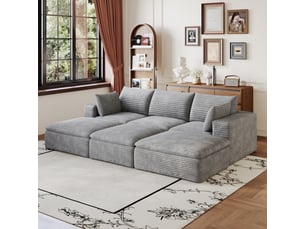Canapé modulable 6 places en velours côtelé gris, avec coussins déhoussables, sans montage