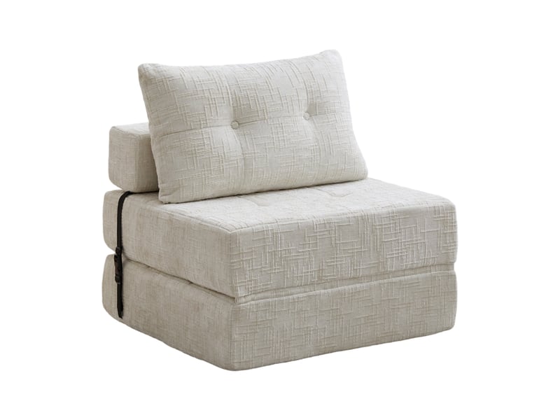 Fauteuil convertible 1 place pliable avec dossier et coussin, matelas dépliable portable pour salon, en chenille beige - Conforama A