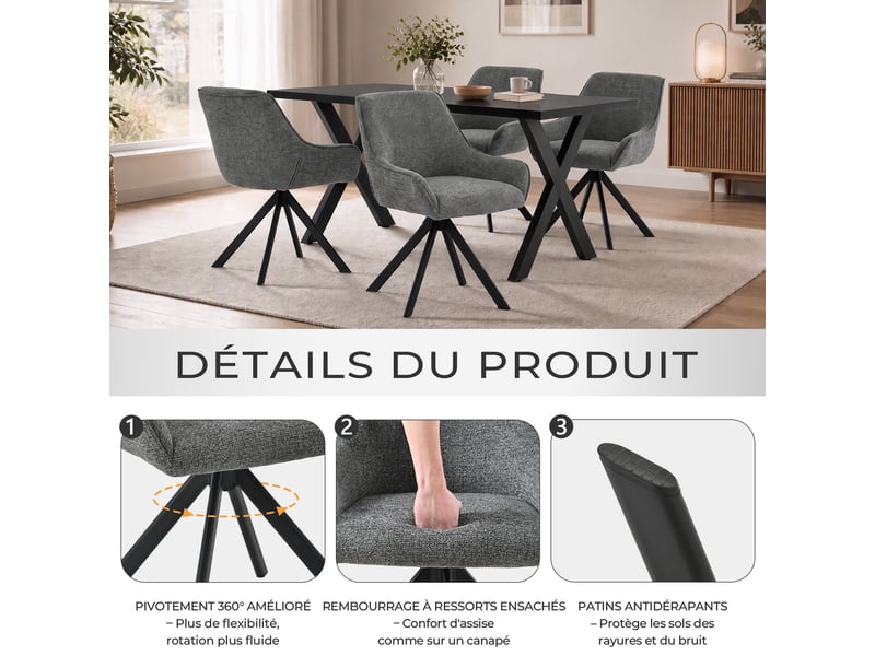  Ensemble table et 4 chaises - table rectangulaire 160x80 cm monobloc en chêne noir et pieds métal, 4 chaises en chenille gris ardoise et pieds métal  - Conforama R