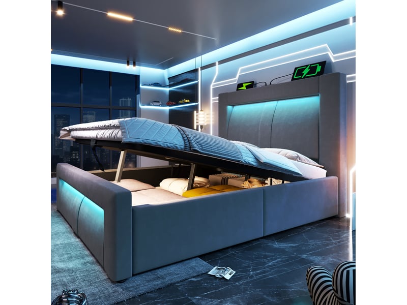Lit coffre adulte 90x200 cm – gris – led, 3 ports usb et usb-c, matelas inclus, rangement hydraulique intégré - Conforama B