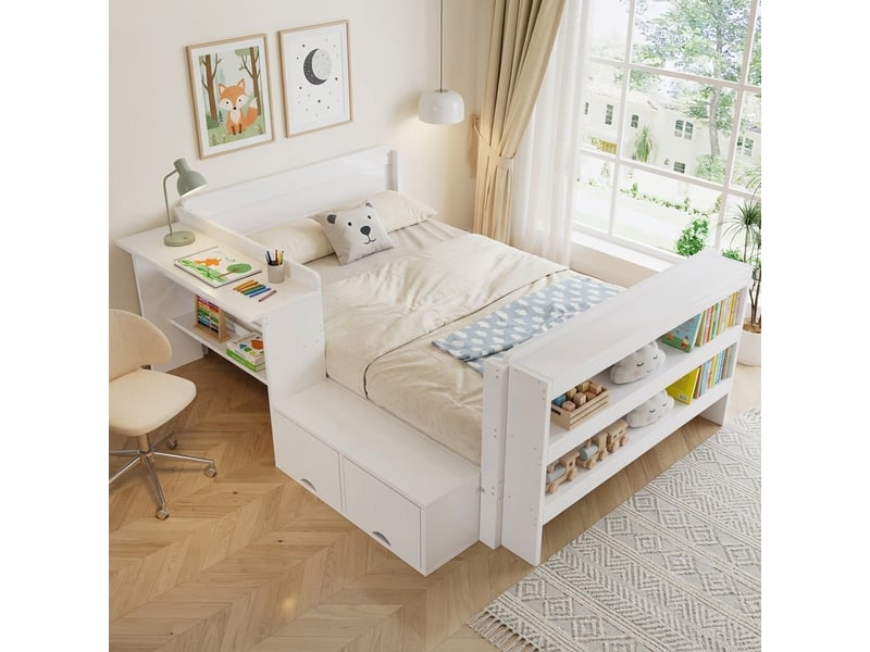  Lit fonctionnel 120x200 cm avec bureau intégré, coffre à abattant, rangement ouvert et module réversible, blanc  - Conforama E