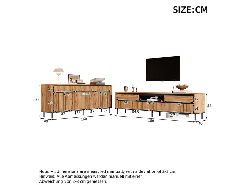 Ensemble meuble tv et buffet avec 4 portes, 3 portes et rangements ouverts pour salon en mdf et métal naturel noir - Conforama E