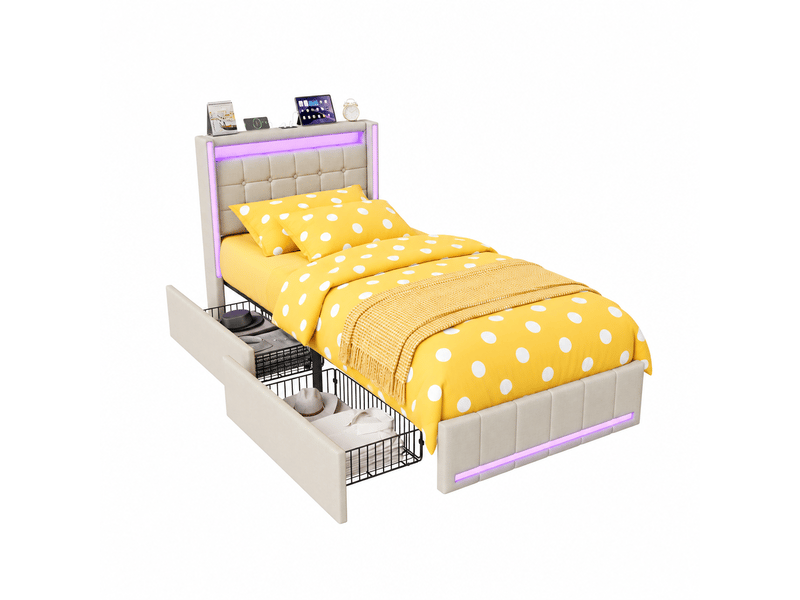  Lit simple 90 x 200 cm avec 2 tiroirs de rangement, lit enfant avec éclairage led et ports usb-c, lit 1 place avec sommier à lattes, lin beige  - Conforama A