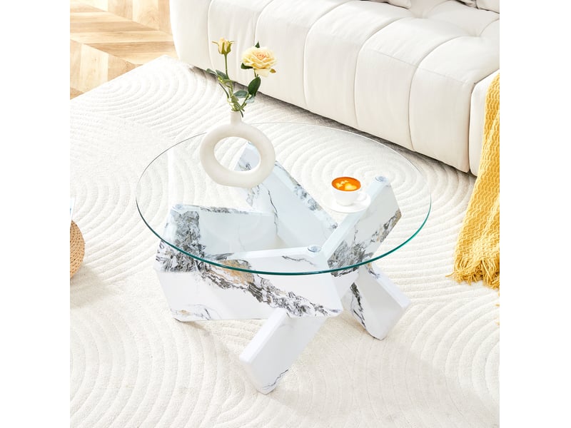  Table basse ronde à support croisé diamètre 79 cm, hauteur 45 cm en mdf et verre blanc transparent  - Conforama B