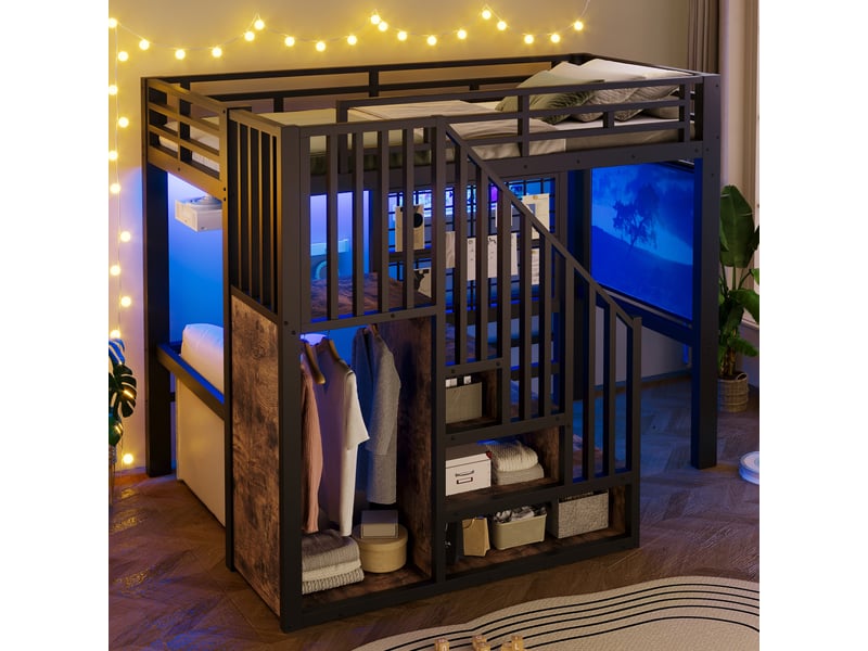  Lit mezzanine 90 x 200 cm avec rangements intégrés, éclairage led, échelle ou escalier intégré, en mdf et métal – noir, matelas non inclus  - Conforama C